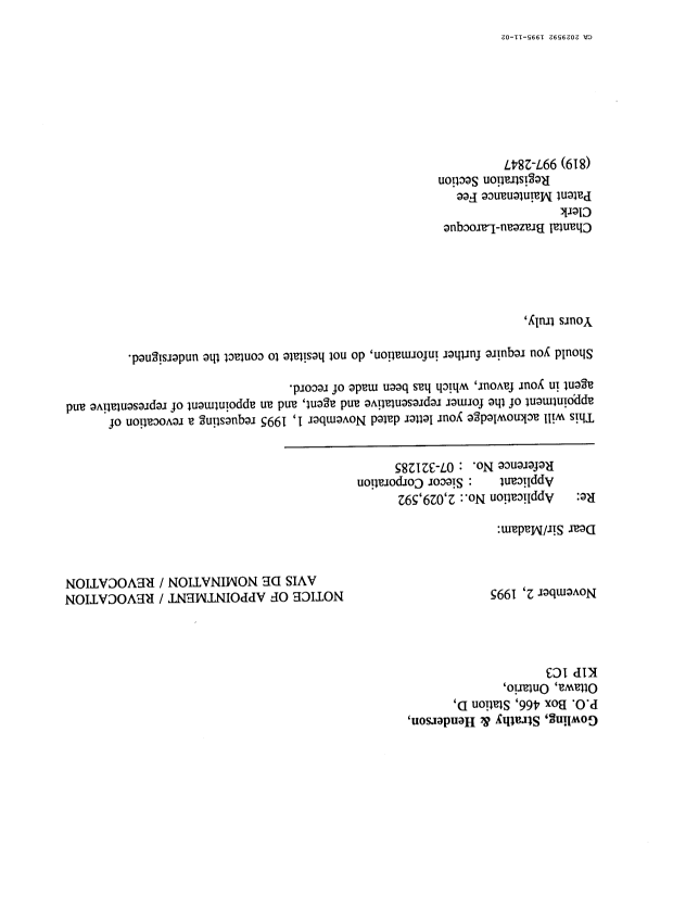 Document de brevet canadien 2029592. Lettre du bureau 19951102. Image 1 de 1