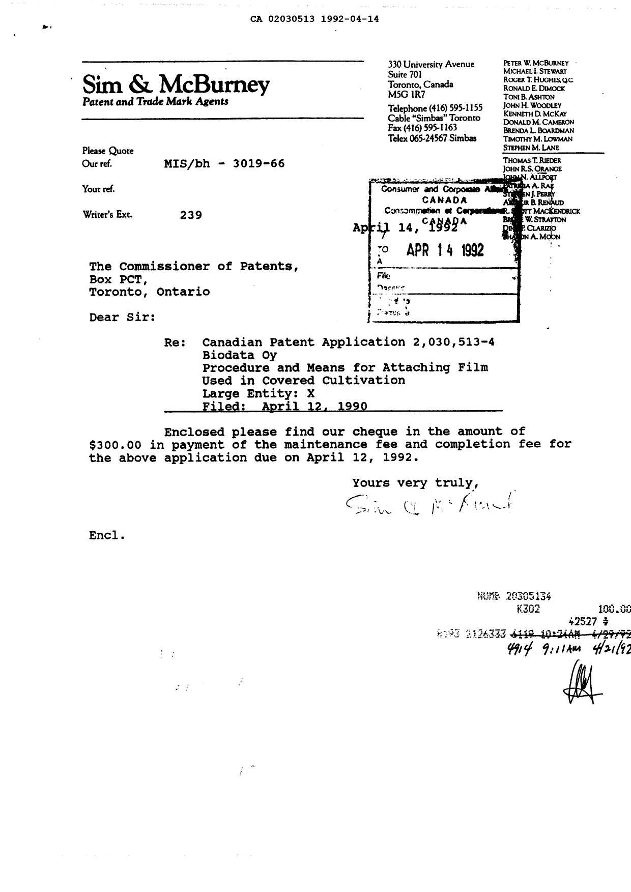 Canadian Patent Document 2030513. Fees 19920414. Image 2 of 3
