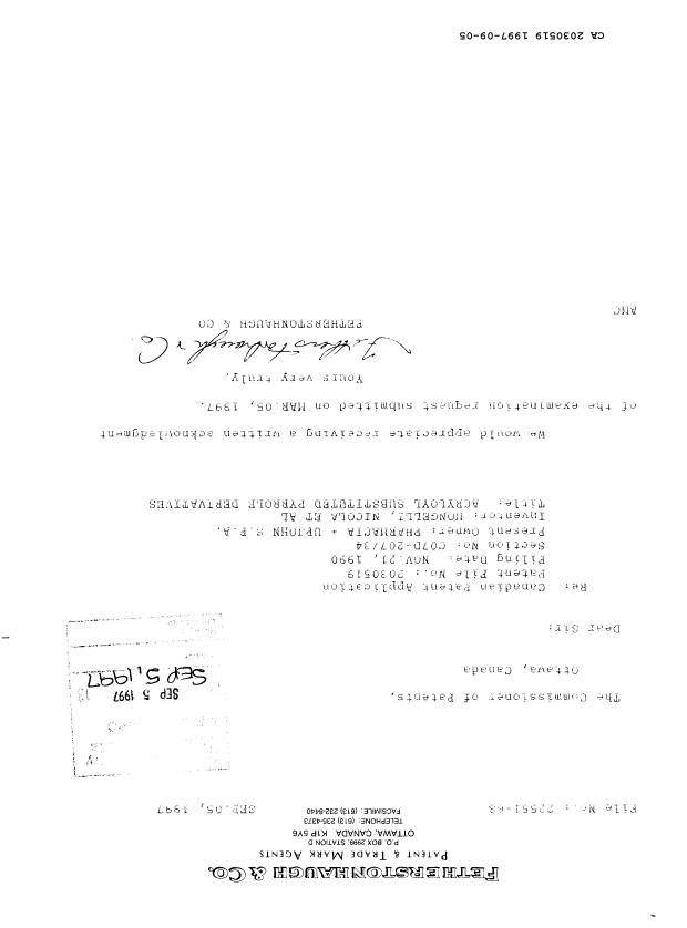 Canadian Patent Document 2030519. PCT Correspondence 19970905. Image 1 of 1