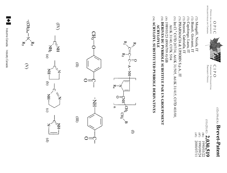 Canadian Patent Document 2030519. Cover Page 20000704. Image 1 of 2