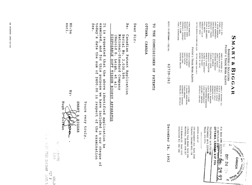 Canadian Patent Document 2030595. Prosecution Correspondence 19921224. Image 1 of 1