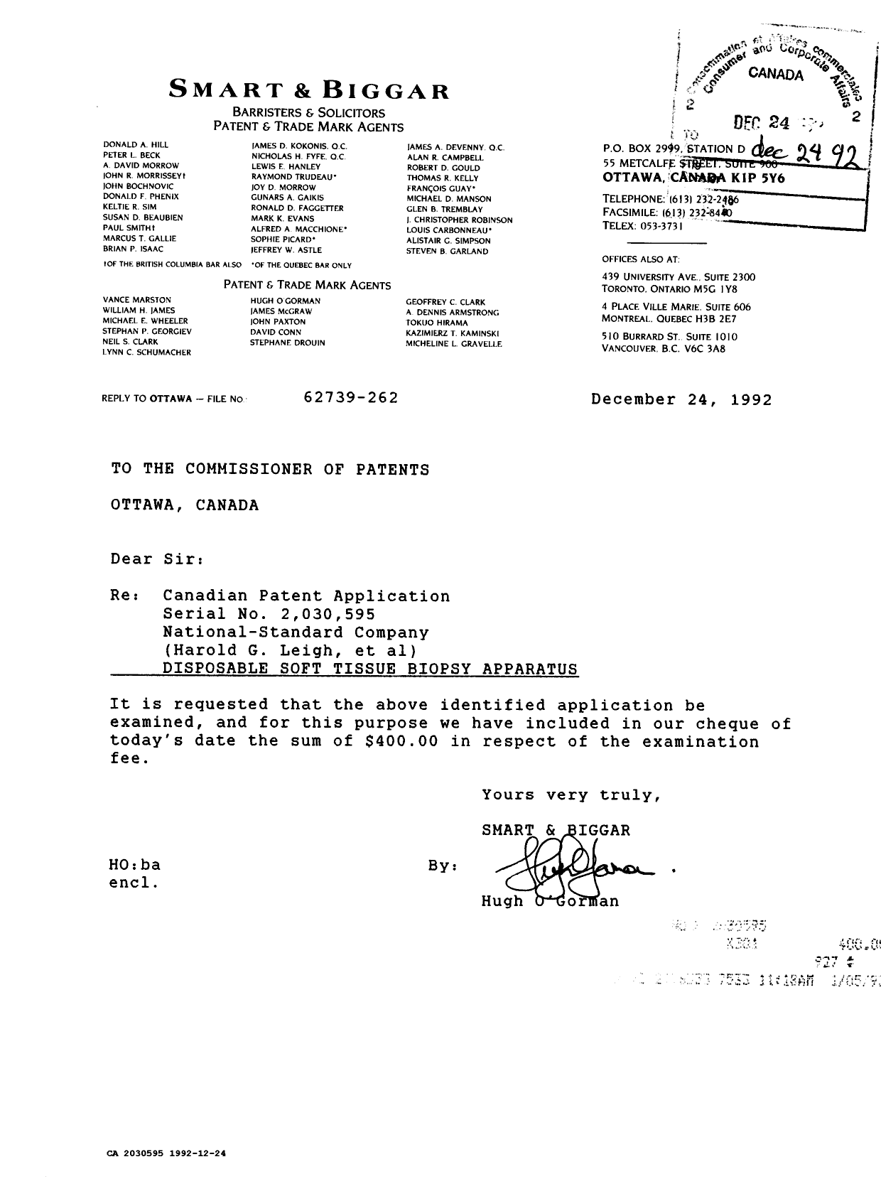 Document de brevet canadien 2030595. Correspondance de la poursuite 19921224. Image 1 de 1