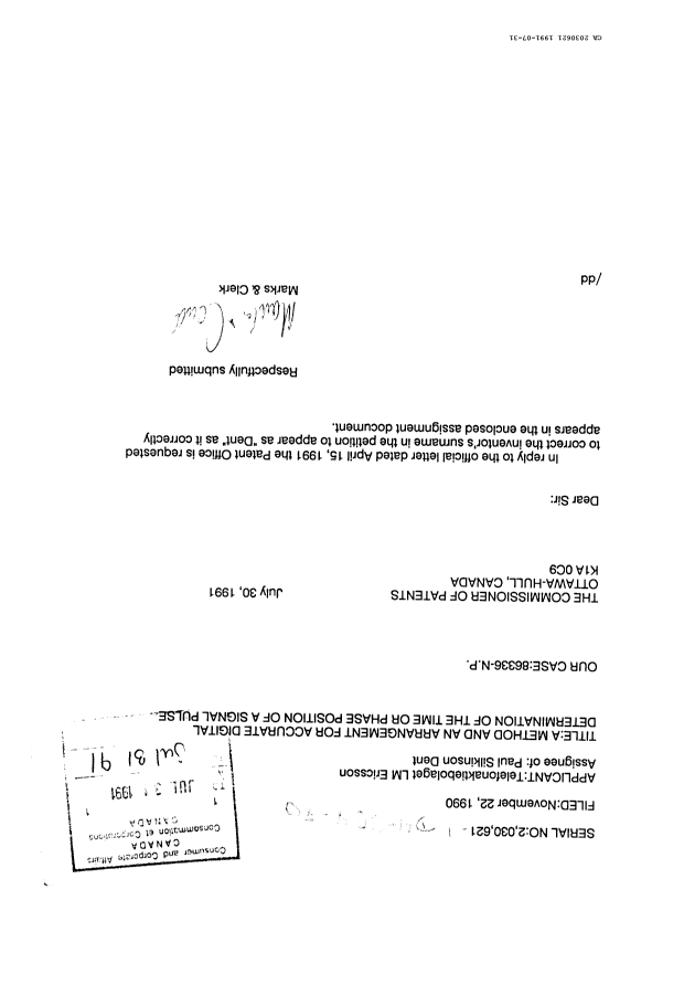 Canadian Patent Document 2030621. PCT Correspondence 19910731. Image 1 of 1