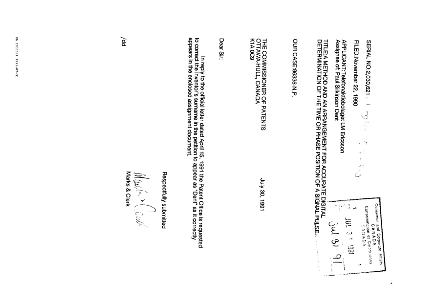 Document de brevet canadien 2030621. Correspondance reliée au PCT 19910731. Image 1 de 1