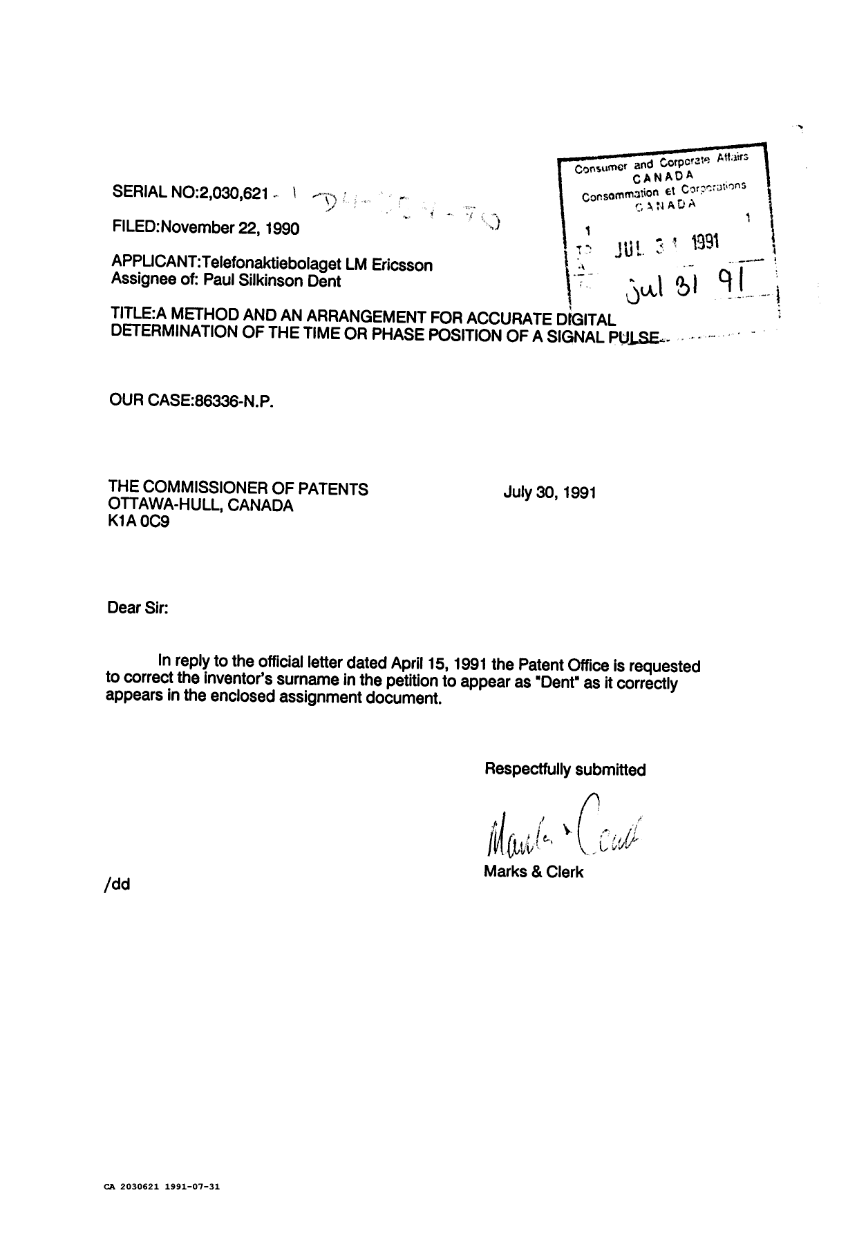 Document de brevet canadien 2030621. Correspondance reliée au PCT 19910731. Image 1 de 1