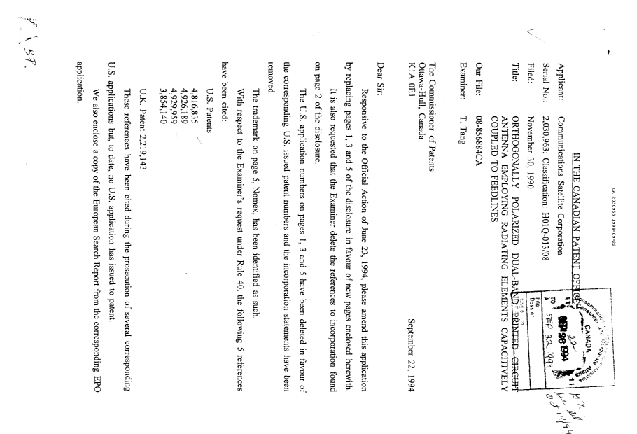 Document de brevet canadien 2030963. Correspondance de la poursuite 19940922. Image 1 de 3
