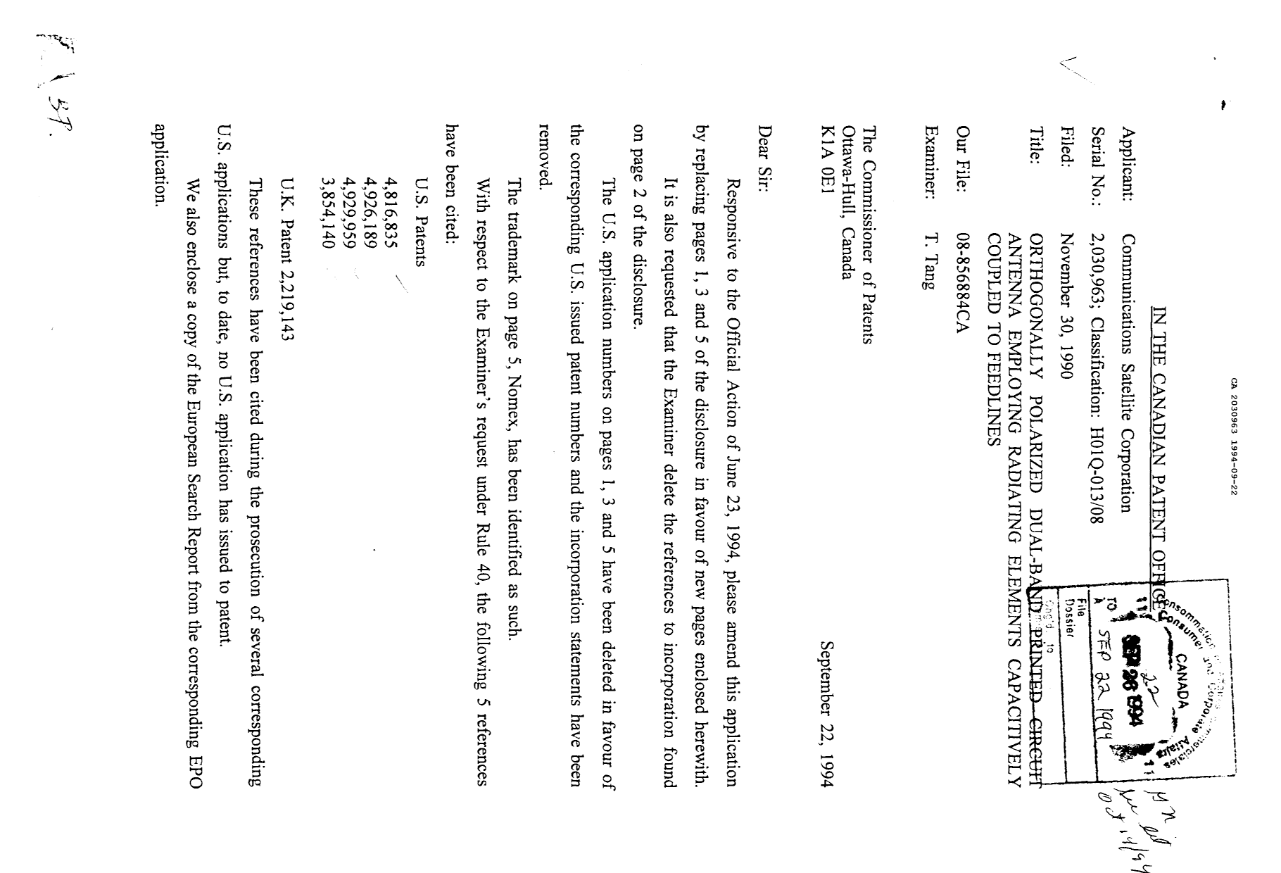 Canadian Patent Document 2030963. Prosecution Correspondence 19940922. Image 1 of 3