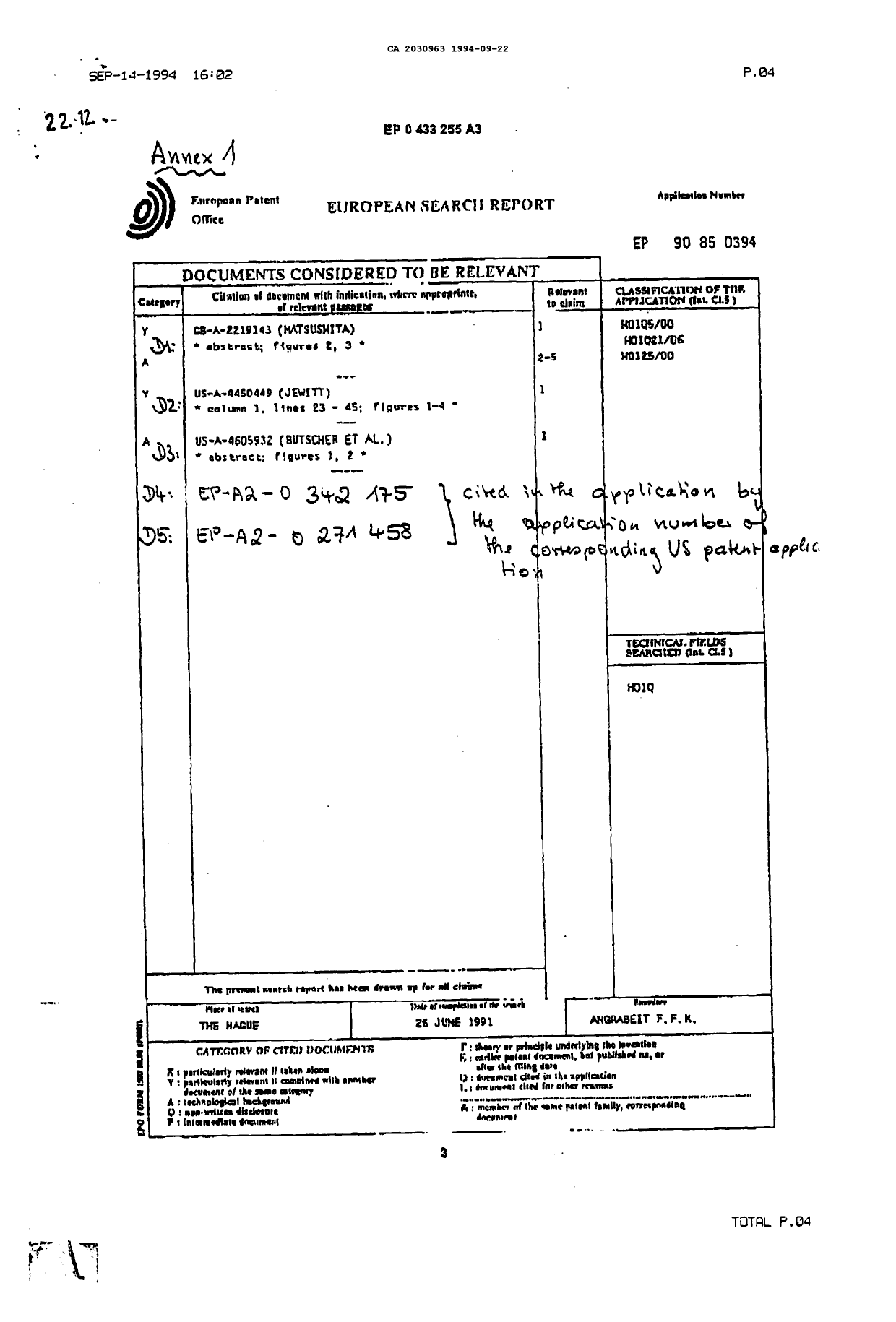 Canadian Patent Document 2030963. Prosecution Correspondence 19940922. Image 3 of 3