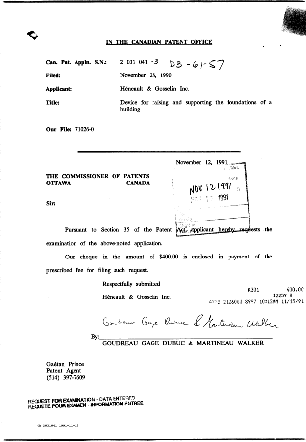 Document de brevet canadien 2031041. Correspondance de la poursuite 19911112. Image 1 de 1