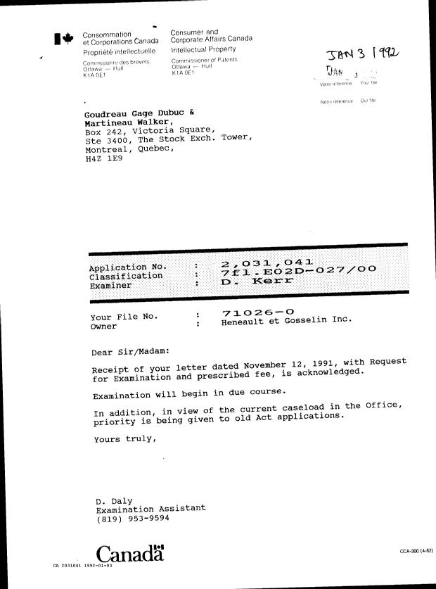 Canadian Patent Document 2031041. Office Letter 19920103. Image 1 of 1