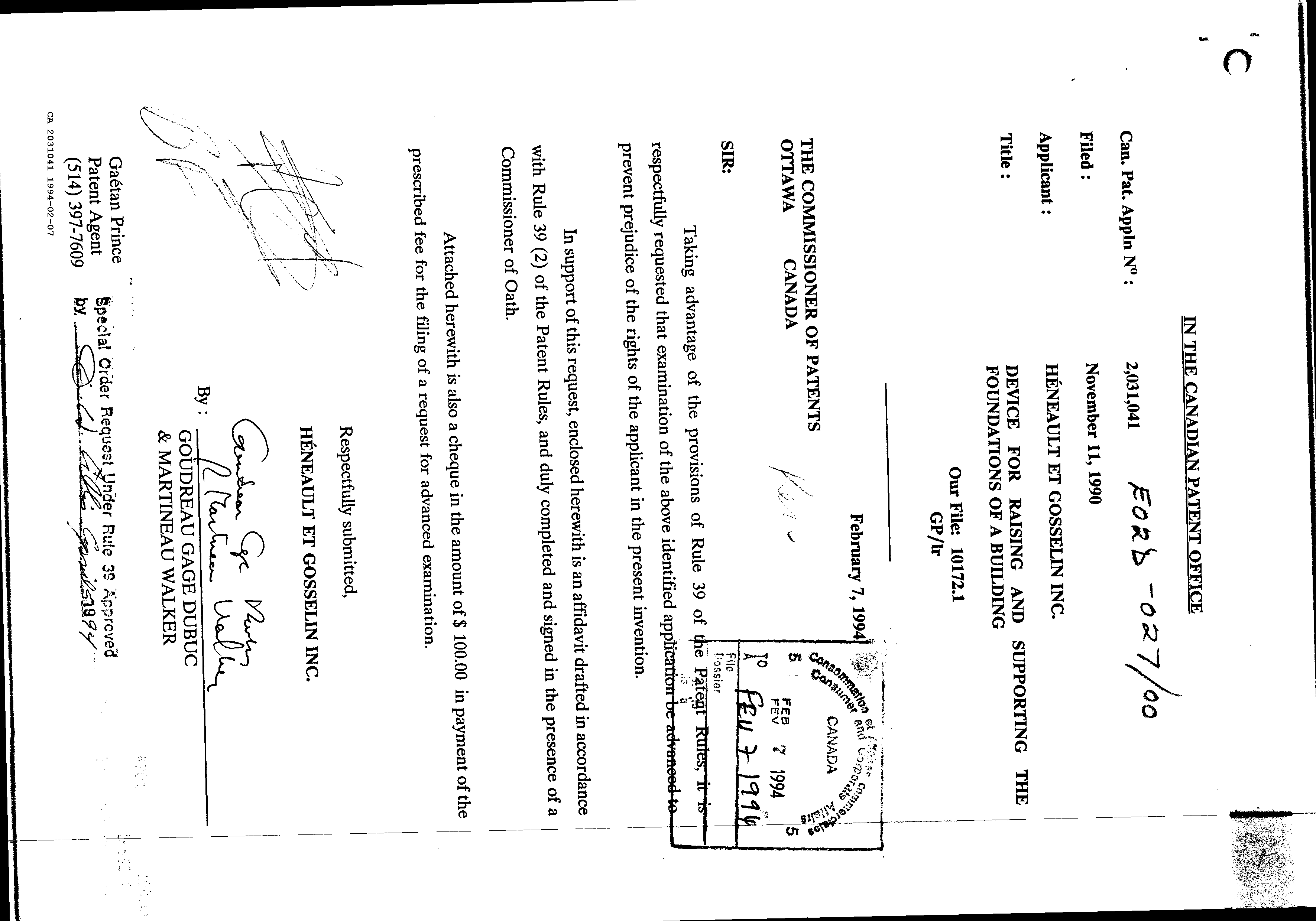 Canadian Patent Document 2031041. Prosecution-Amendment 19931207. Image 1 of 3