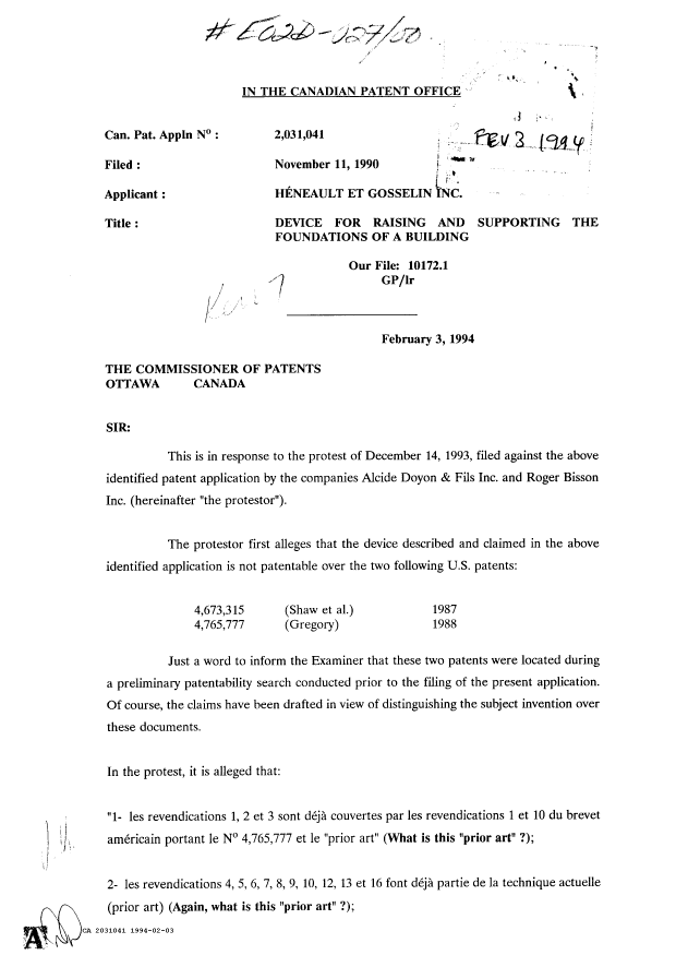 Canadian Patent Document 2031041. Prosecution Correspondence 19940203. Image 1 of 3