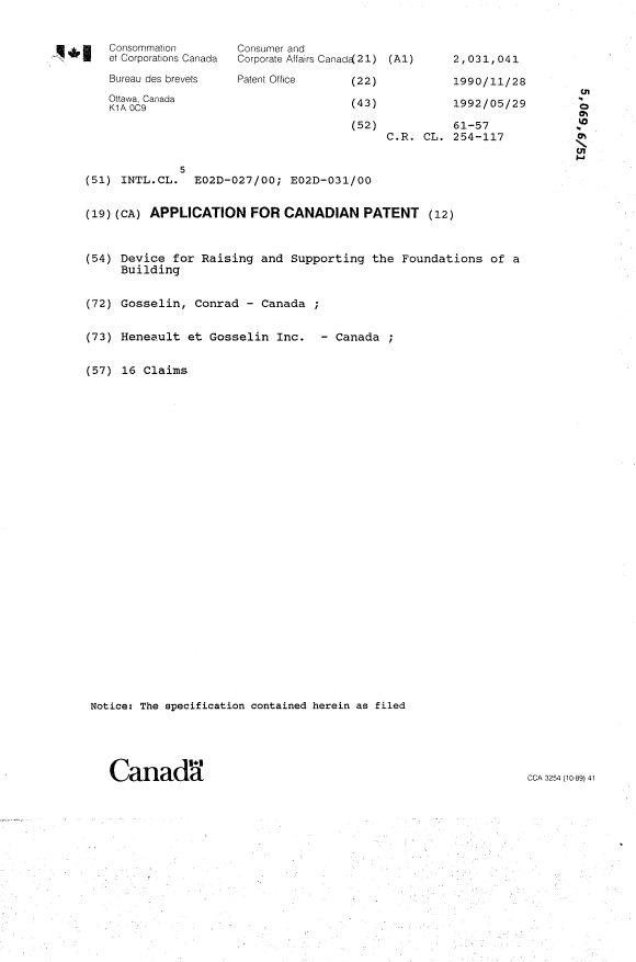 Document de brevet canadien 2031041. Page couverture 19940326. Image 1 de 1