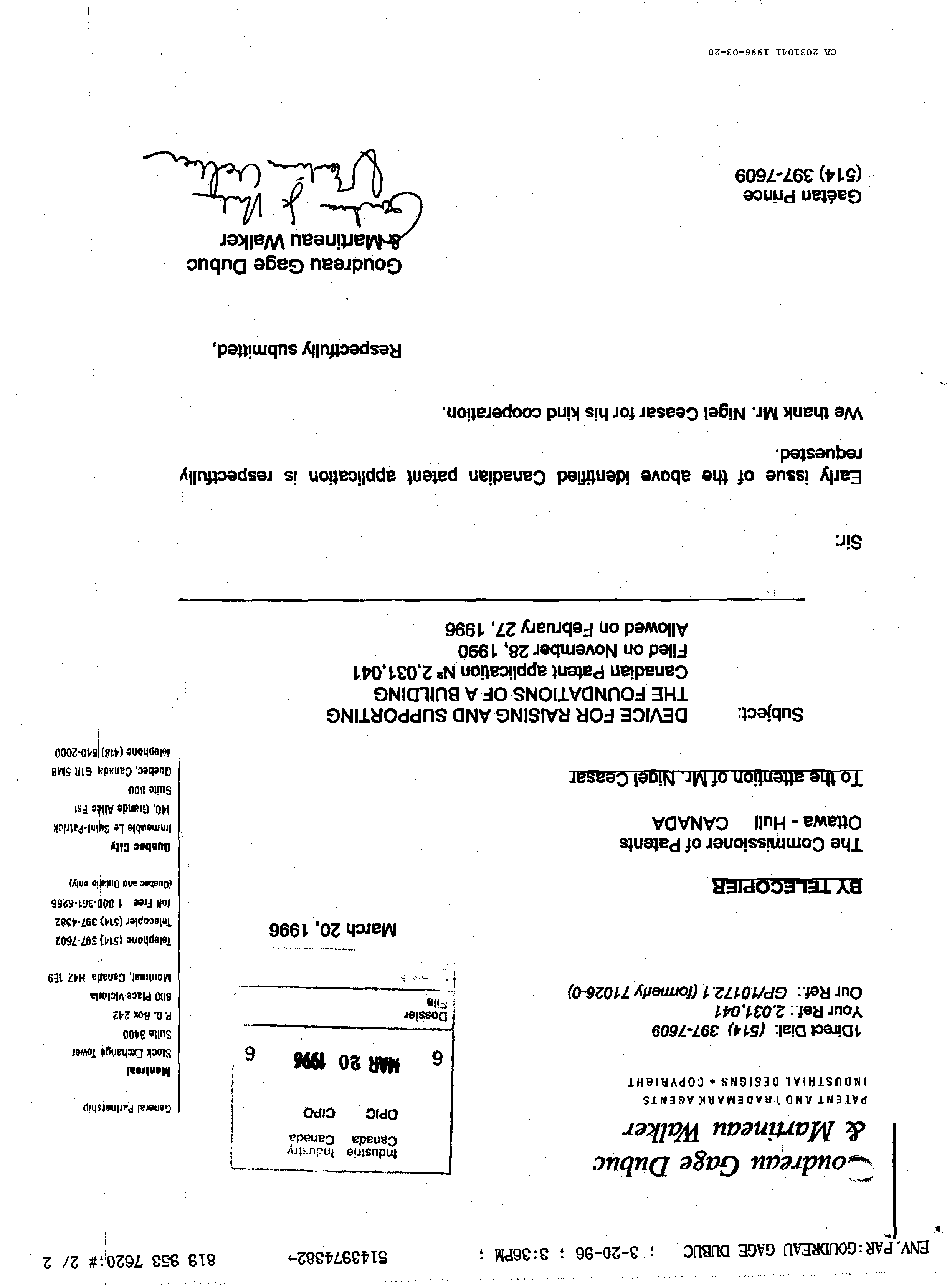 Canadian Patent Document 2031041. Correspondence 19951220. Image 1 of 2