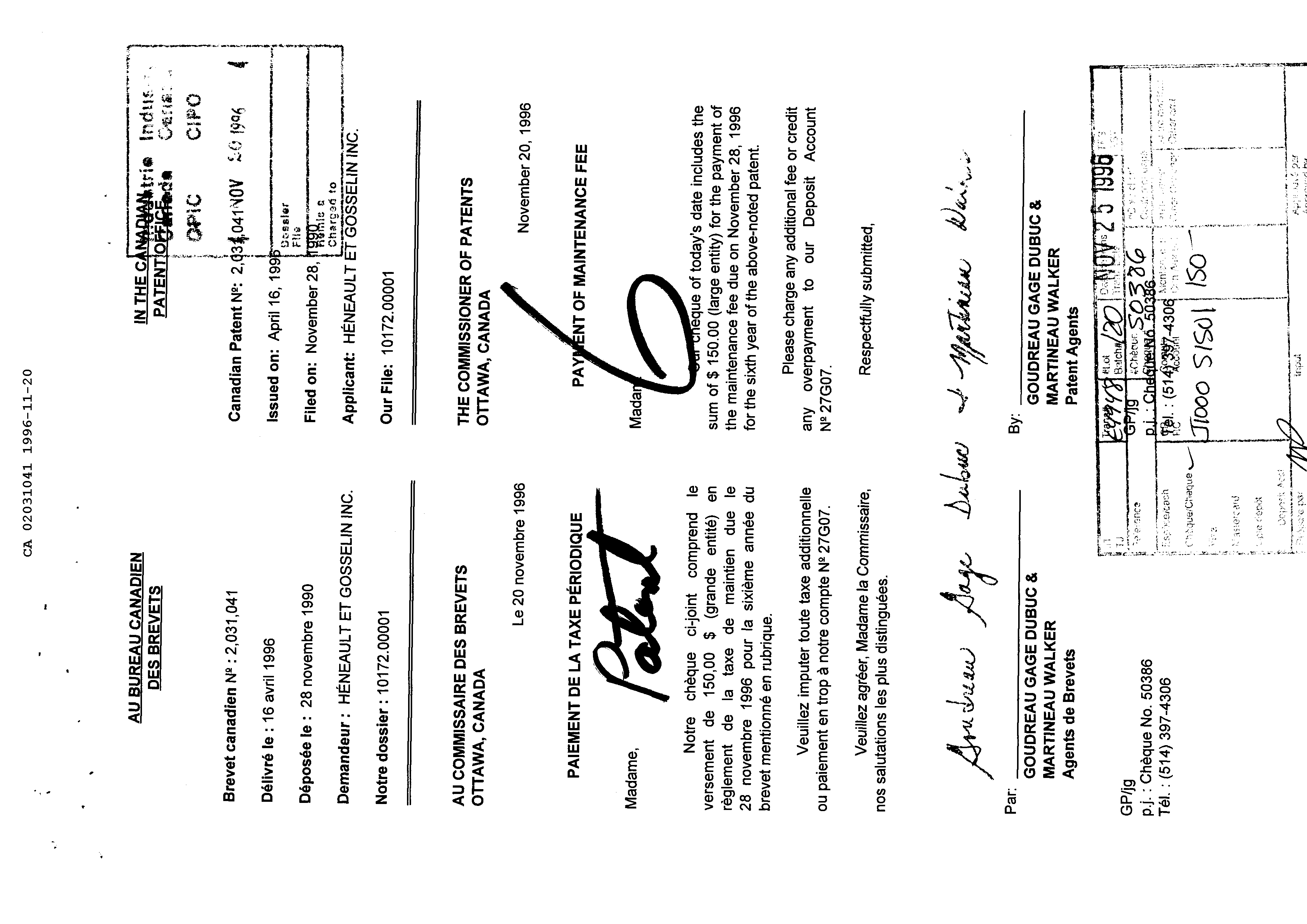 Document de brevet canadien 2031041. Taxes 19951220. Image 1 de 1