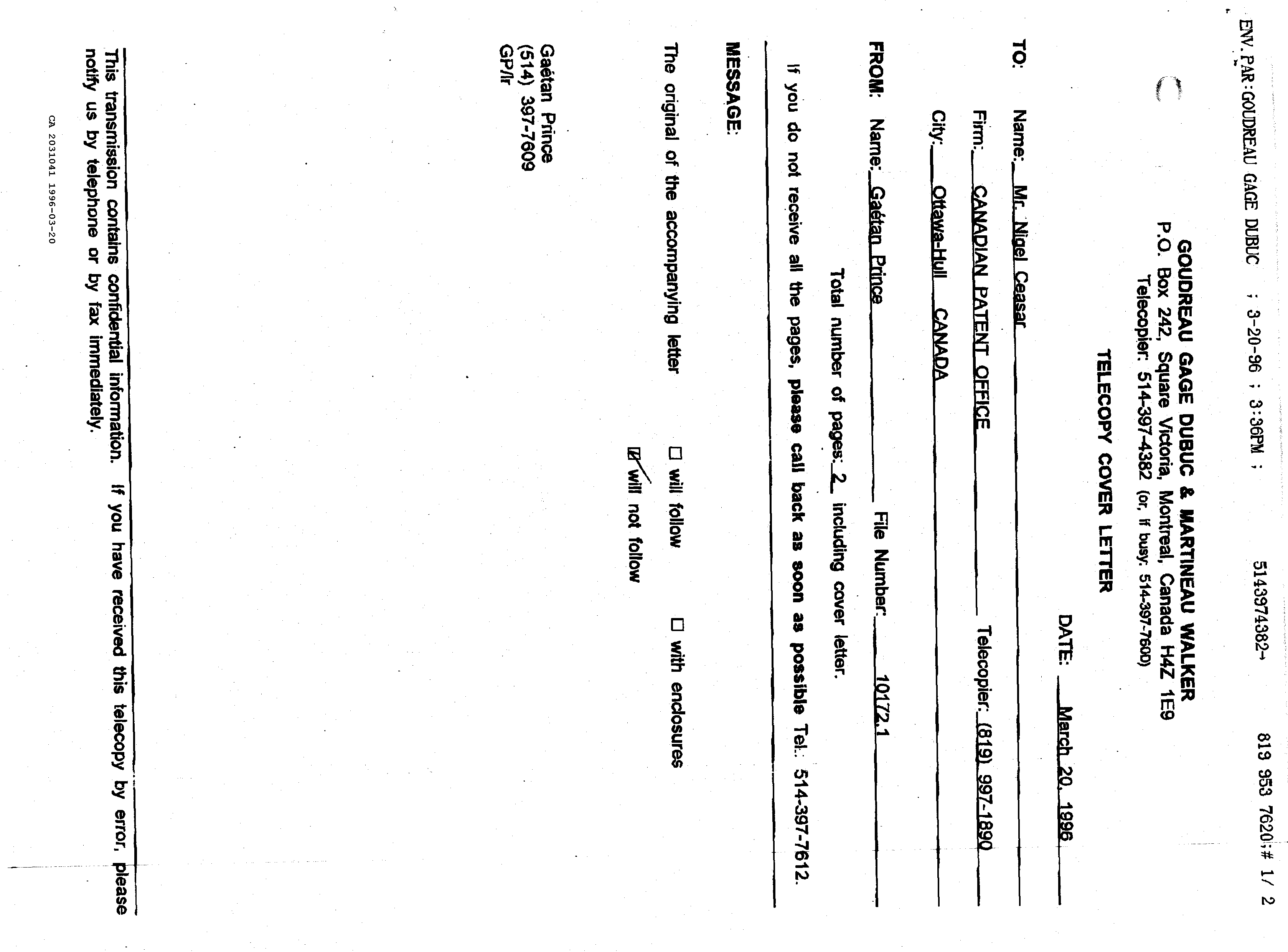 Document de brevet canadien 2031041. Correspondance 19951220. Image 2 de 2