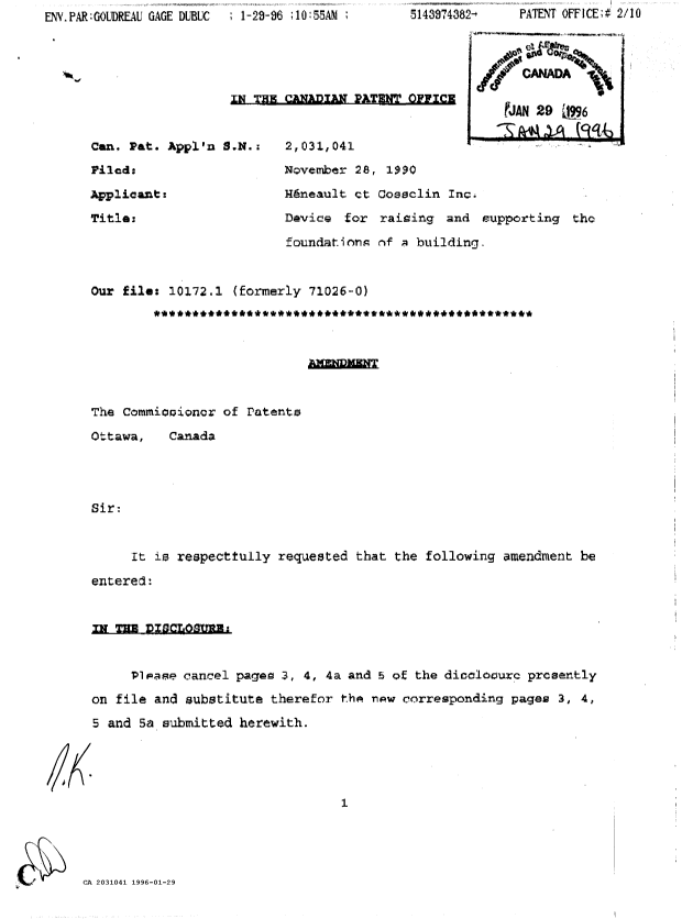 Canadian Patent Document 2031041. Prosecution Correspondence 19960129. Image 1 of 2