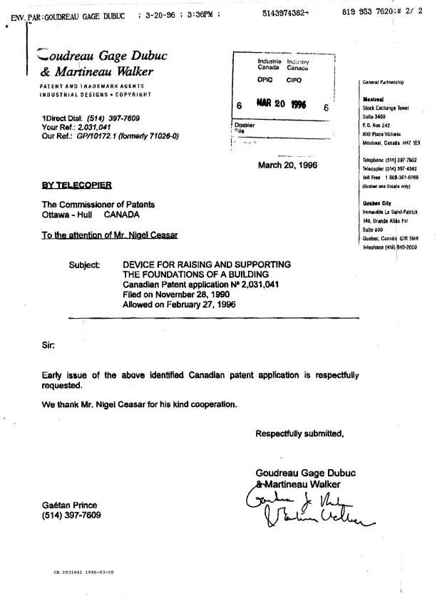 Document de brevet canadien 2031041. Correspondance reliée au PCT 19960320. Image 1 de 2