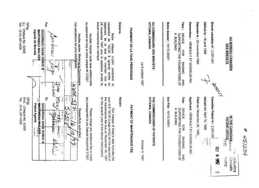 Document de brevet canadien 2031041. Taxes 19971009. Image 1 de 1