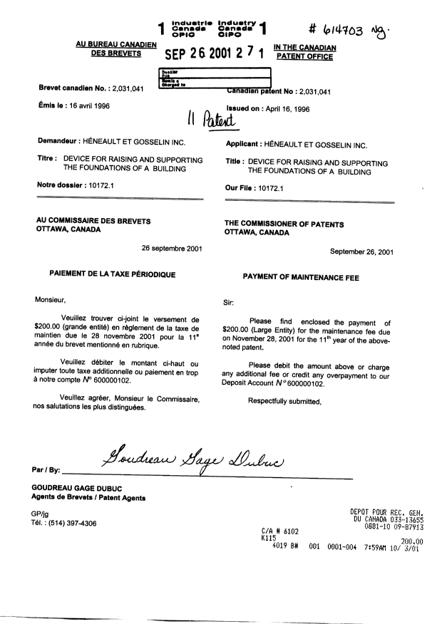 Document de brevet canadien 2031041. Taxes 20010926. Image 1 de 1