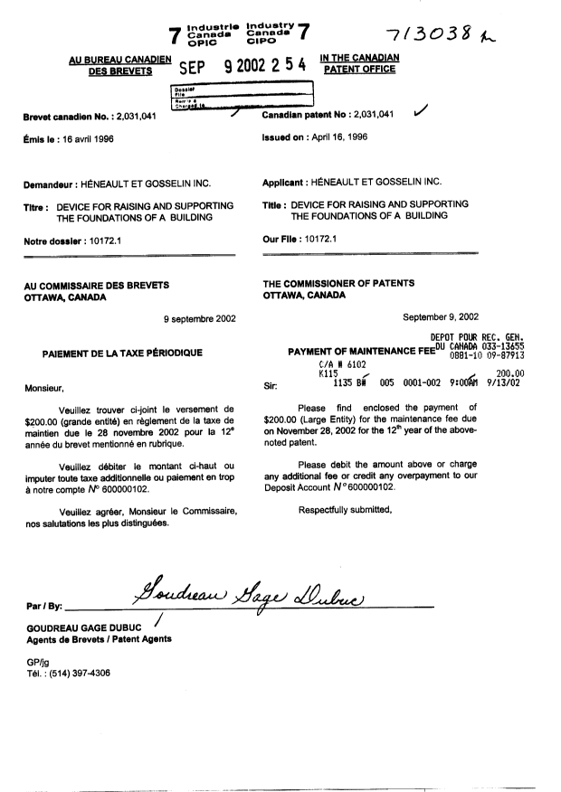 Document de brevet canadien 2031041. Taxes 20020909. Image 1 de 1