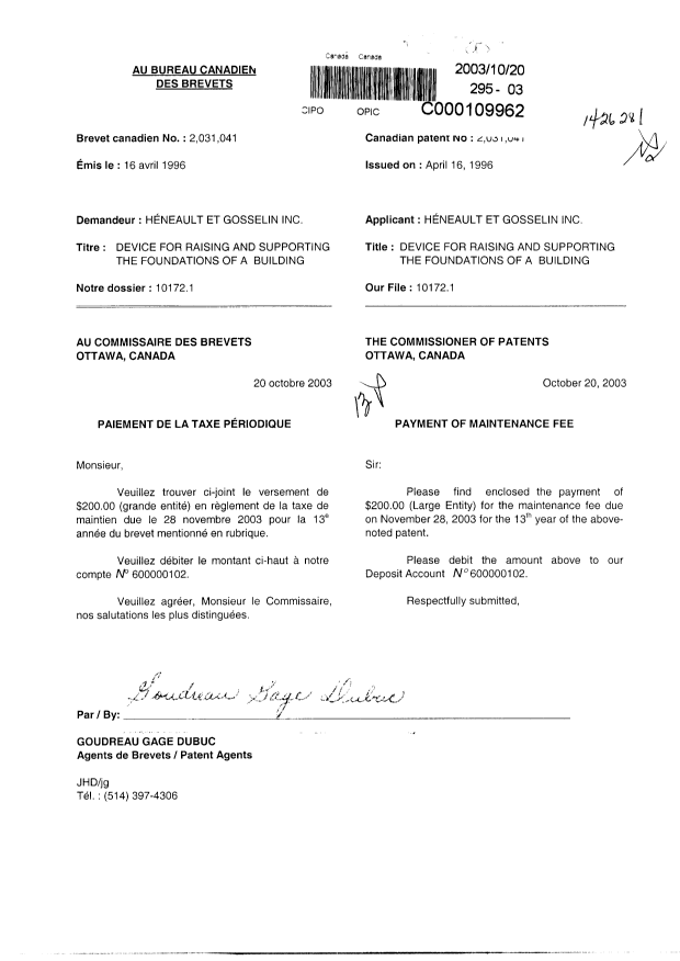 Document de brevet canadien 2031041. Taxes 20031020. Image 1 de 1