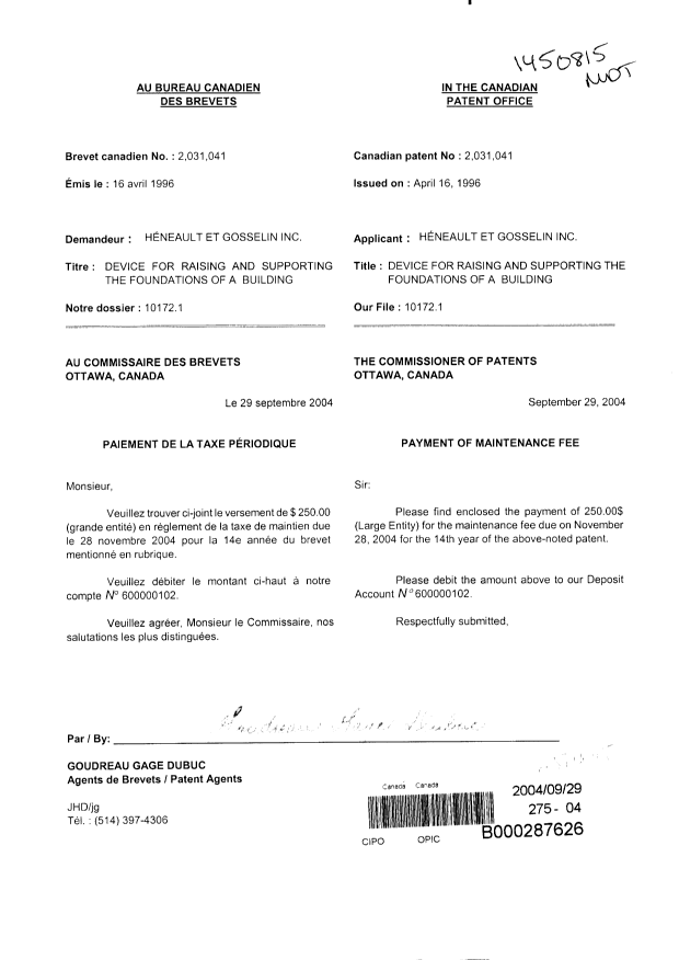 Document de brevet canadien 2031041. Taxes 20040929. Image 1 de 1