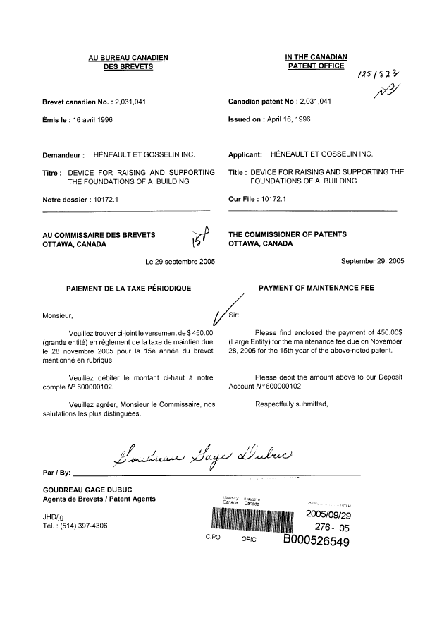 Document de brevet canadien 2031041. Taxes 20050929. Image 1 de 1