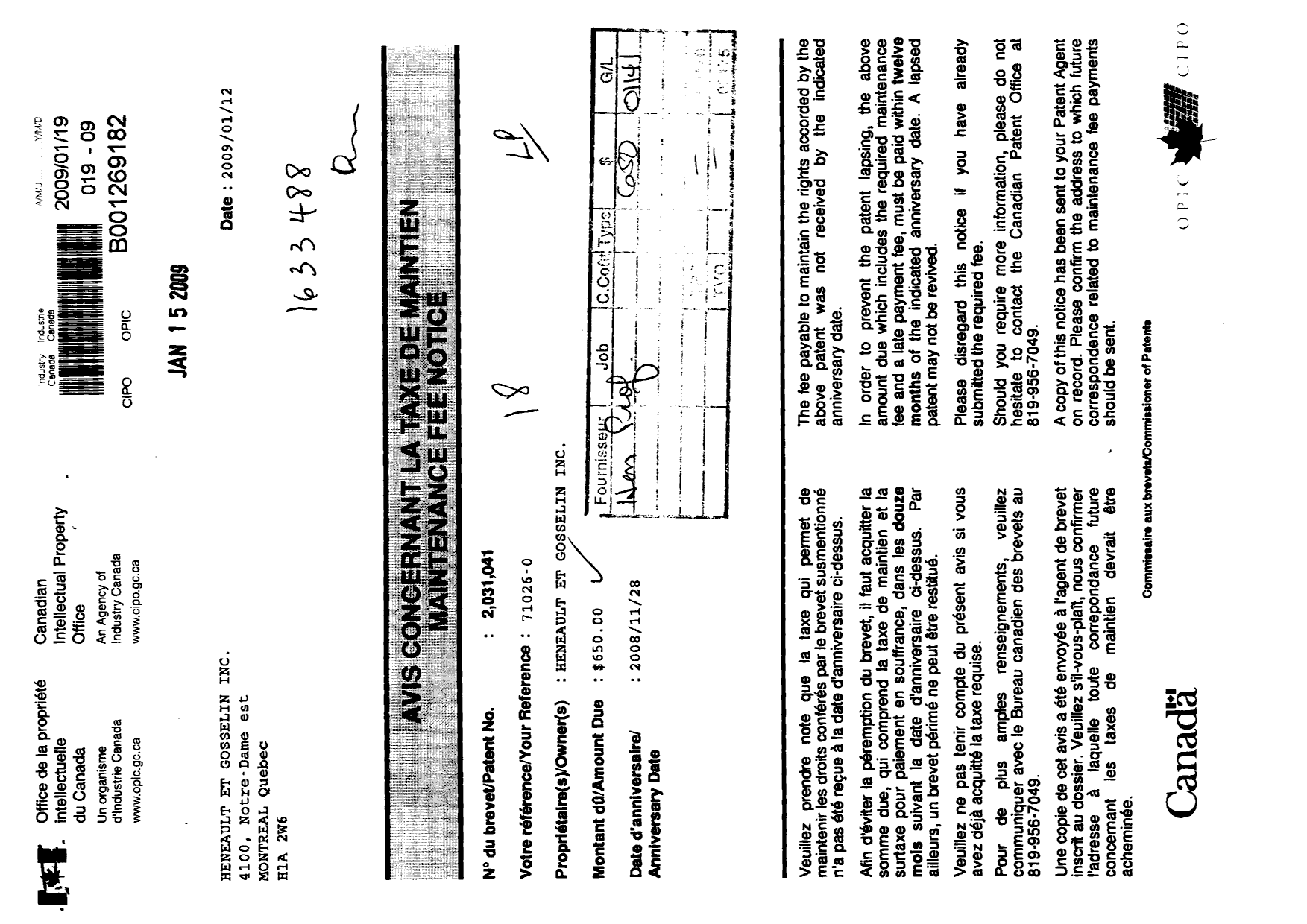 Canadian Patent Document 2031041. Fees 20081219. Image 1 of 2