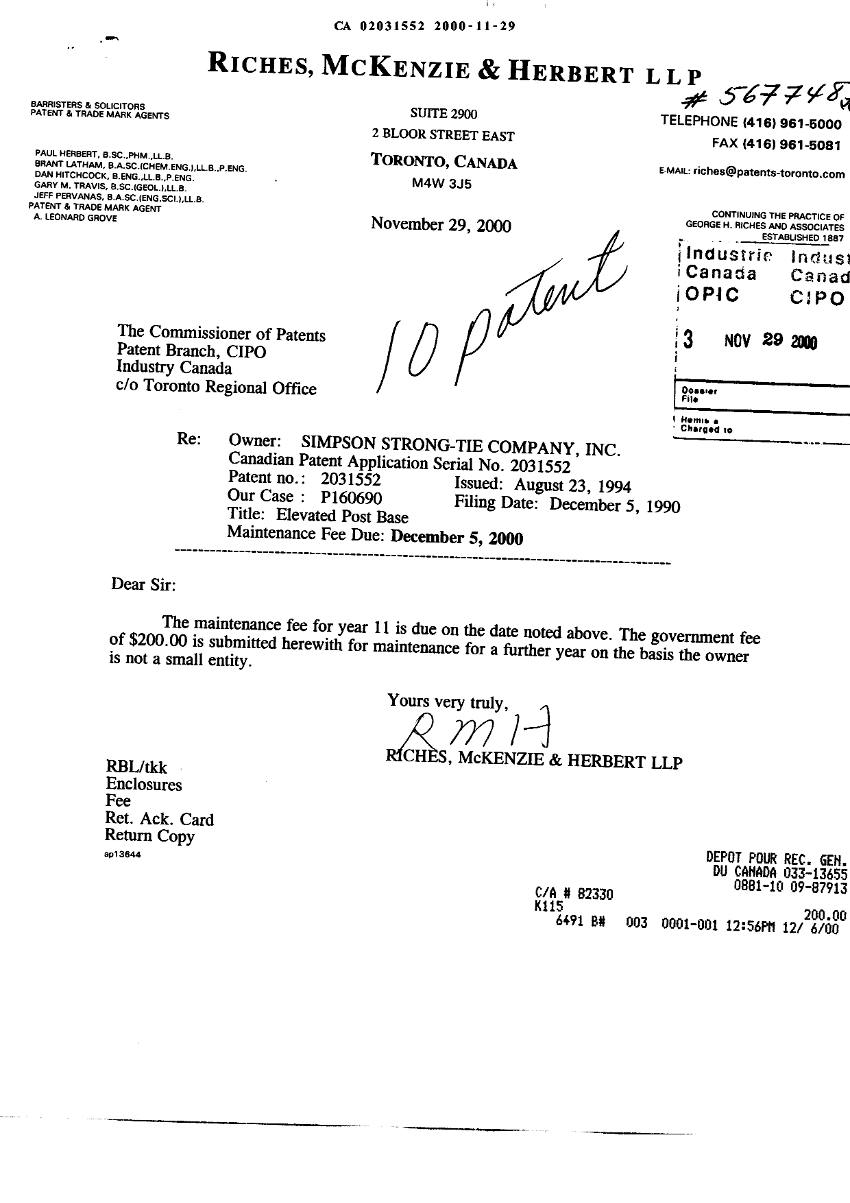 Document de brevet canadien 2031552. Taxes 20001129. Image 1 de 1