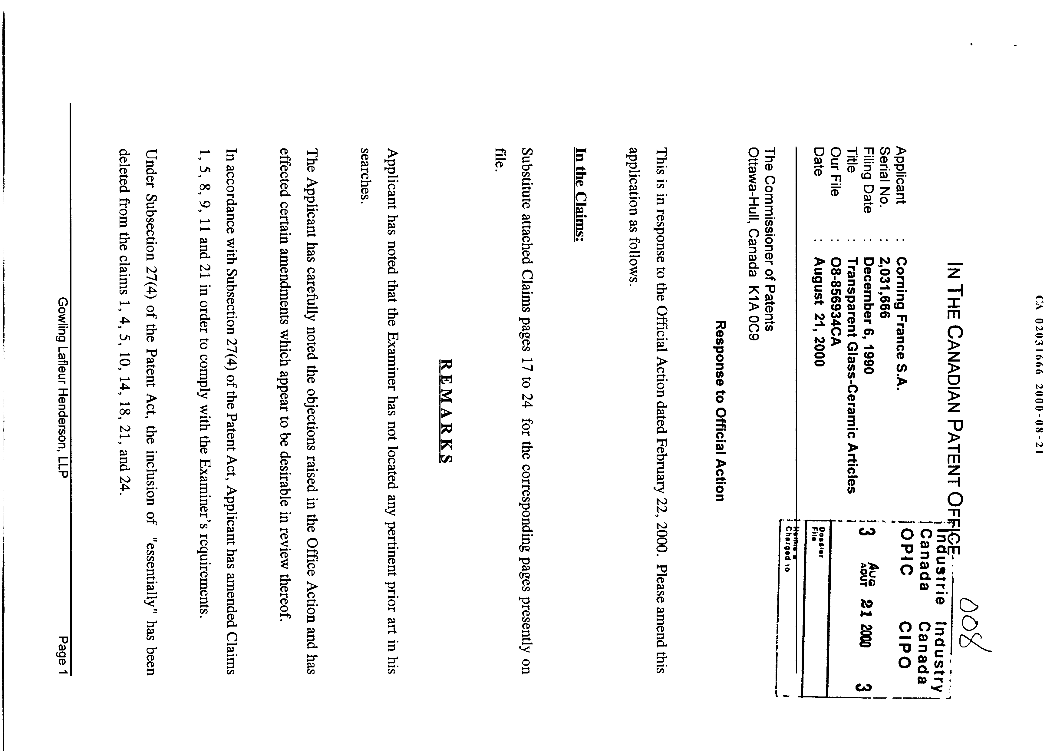 Canadian Patent Document 2031666. Prosecution-Amendment 20000821. Image 1 of 12