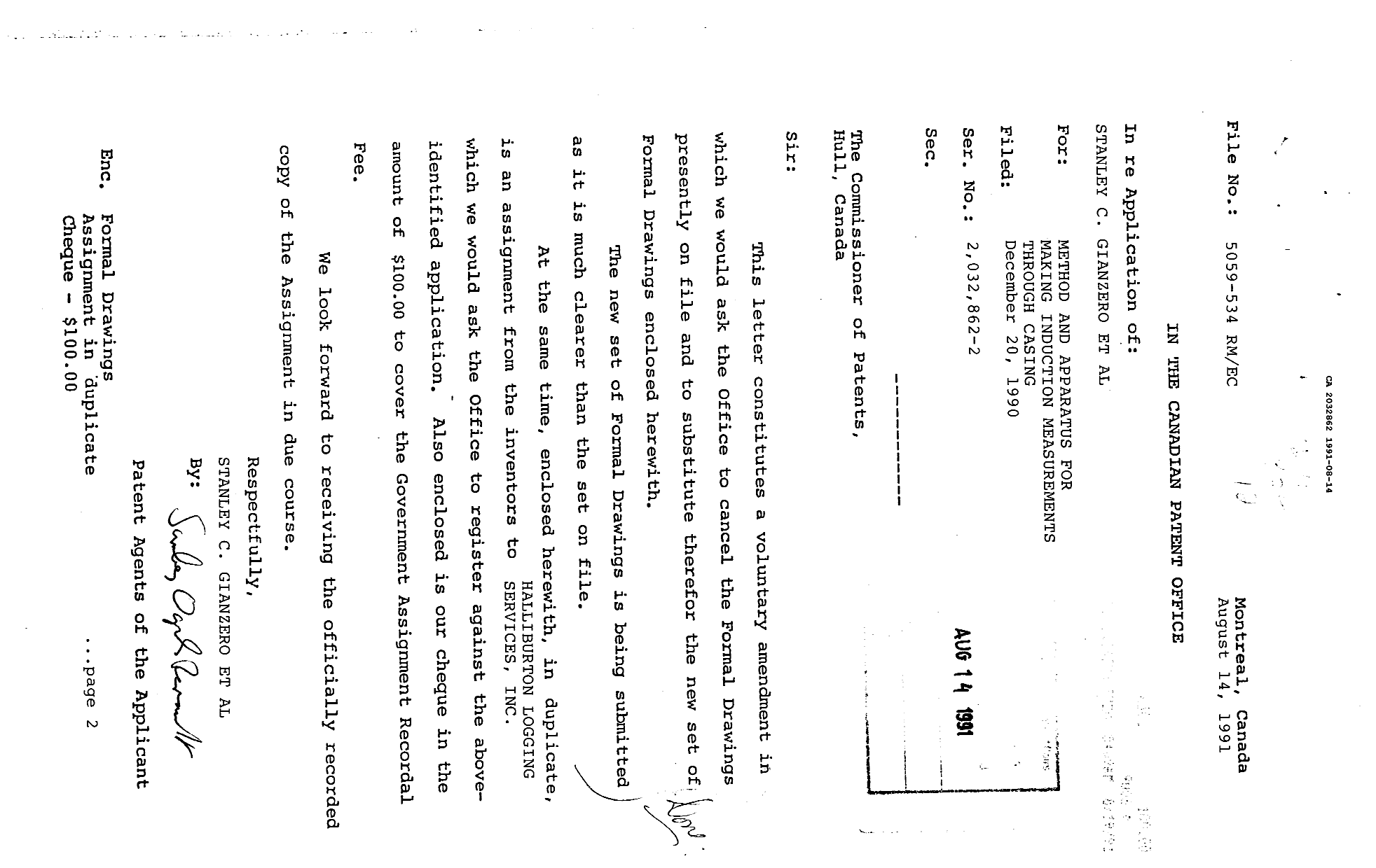 Canadian Patent Document 2032862. Prosecution Correspondence 19910814. Image 1 of 2