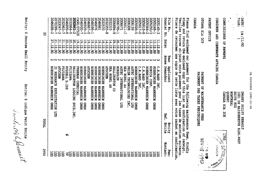 Document de brevet canadien 2032862. Taxes 19921118. Image 1 de 1