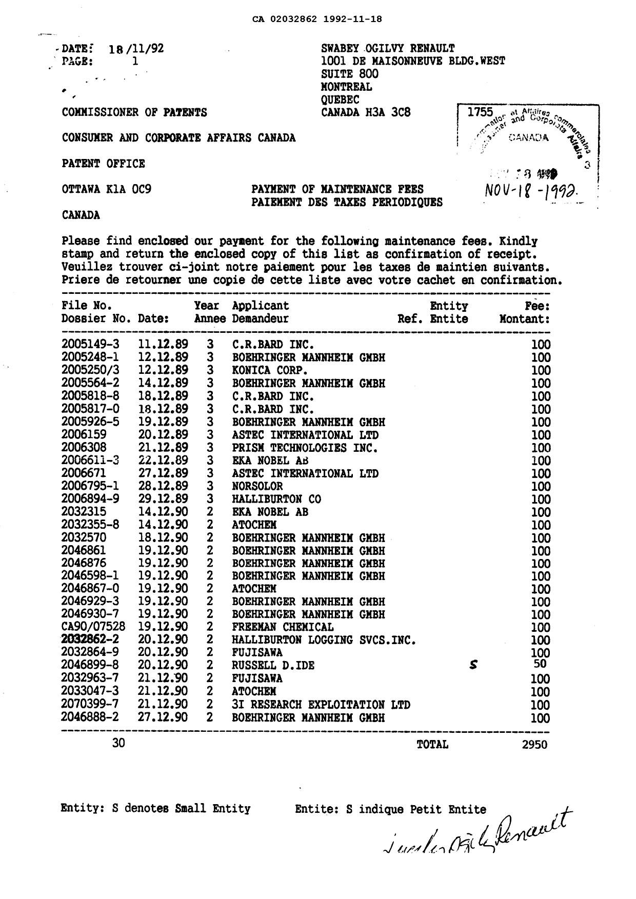 Document de brevet canadien 2032862. Taxes 19921118. Image 1 de 1