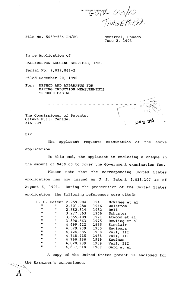 Canadian Patent Document 2032862. Prosecution Correspondence 19930602. Image 1 of 2