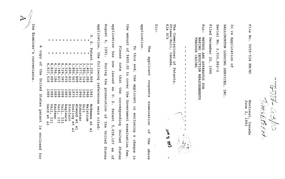 Document de brevet canadien 2032862. Correspondance de la poursuite 19930602. Image 1 de 2