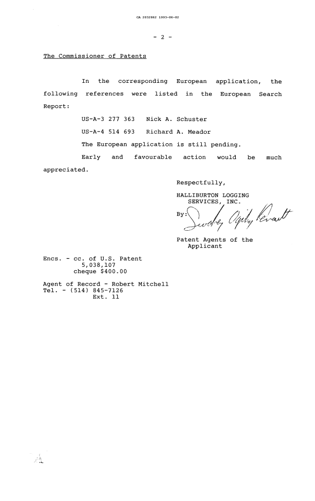 Document de brevet canadien 2032862. Correspondance de la poursuite 19930602. Image 2 de 2