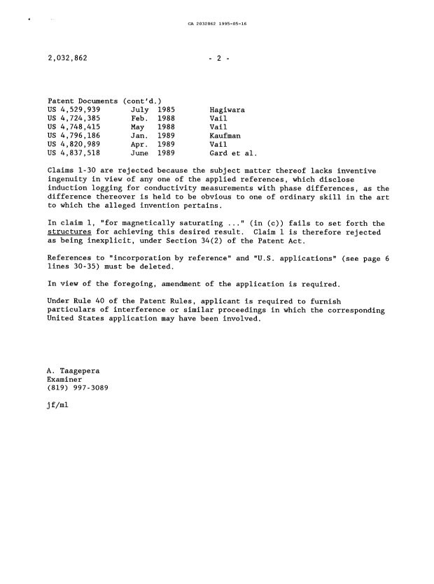 Document de brevet canadien 2032862. Demande d'examen 19950516. Image 2 de 2