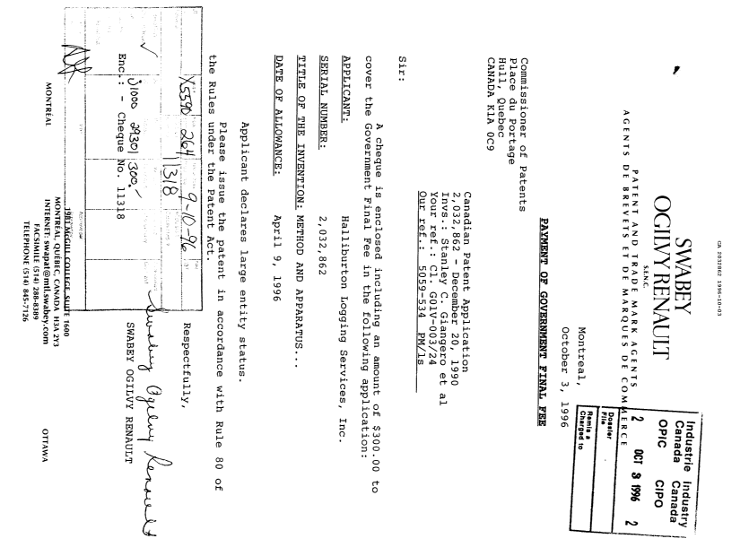 Document de brevet canadien 2032862. Correspondance reliée aux formalités 19961003. Image 1 de 1