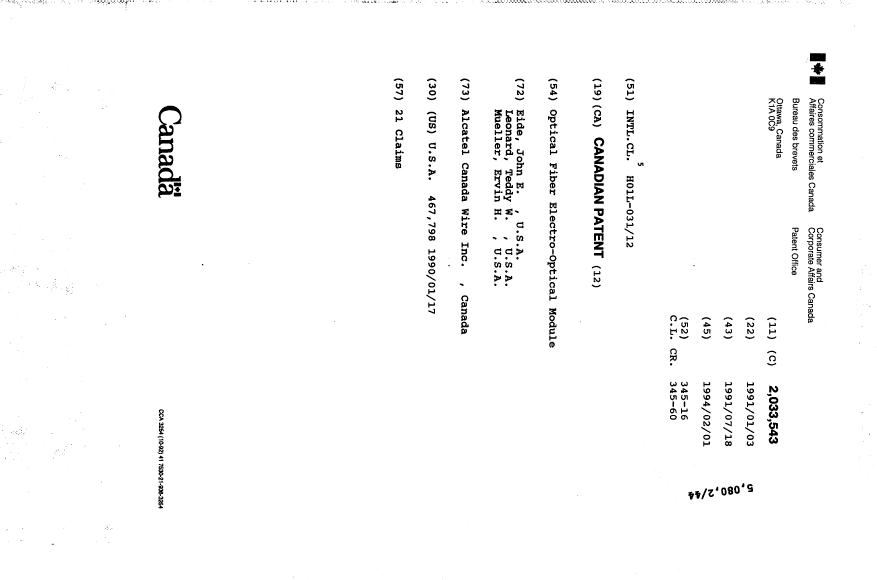 Document de brevet canadien 2033543. Page couverture 19940709. Image 1 de 1