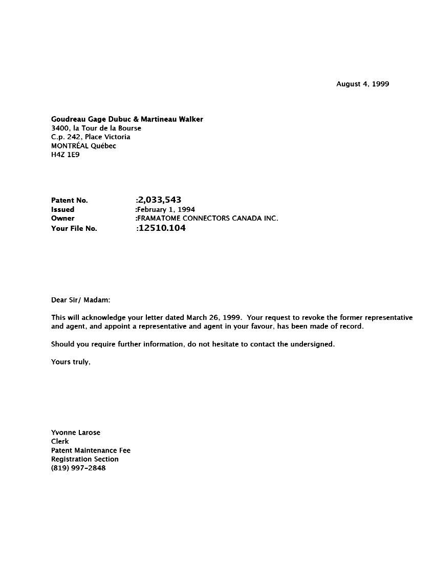 Document de brevet canadien 2033543. Correspondance 19990804. Image 1 de 1