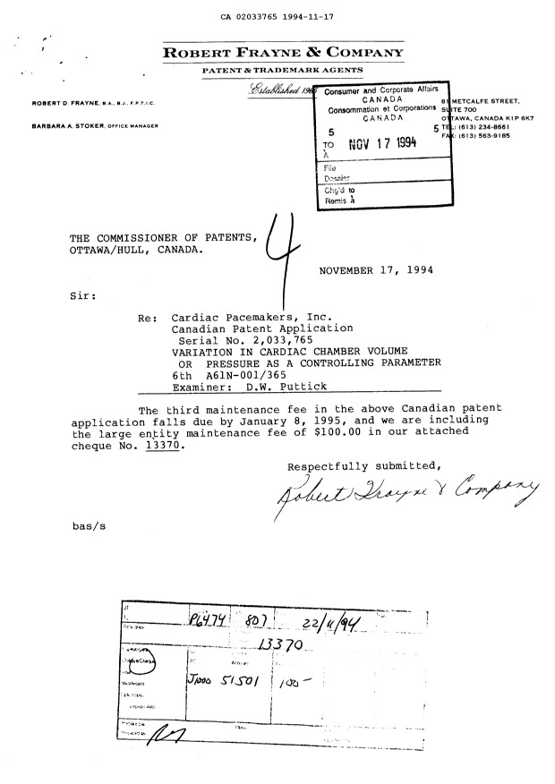 Document de brevet canadien 2033765. Taxes 19941117. Image 1 de 1