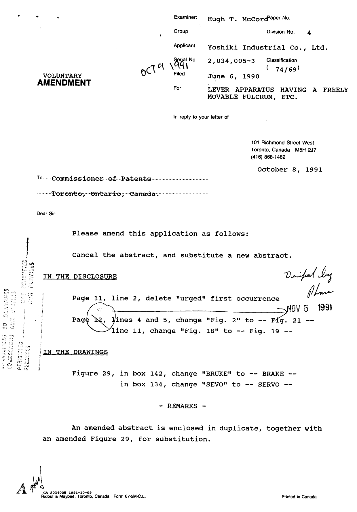 Document de brevet canadien 2034005. Correspondance de la poursuite 19911009. Image 1 de 6
