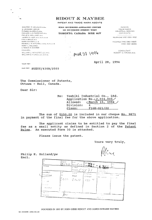 Document de brevet canadien 2034005. Correspondance reliée au PCT 19940428. Image 1 de 2
