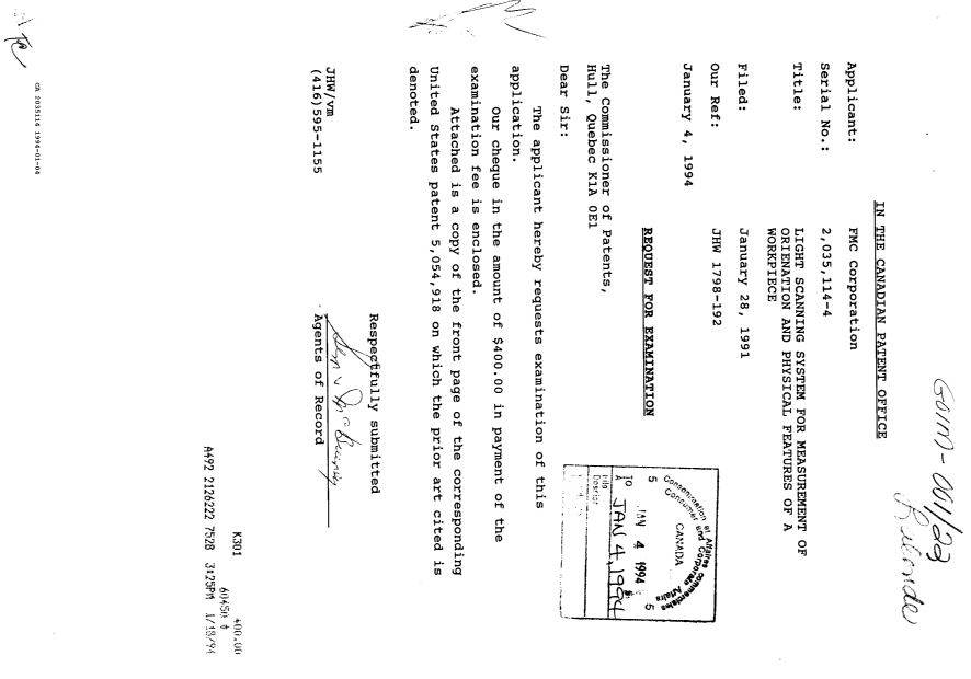 Document de brevet canadien 2035114. Correspondance de la poursuite 19940104. Image 1 de 1