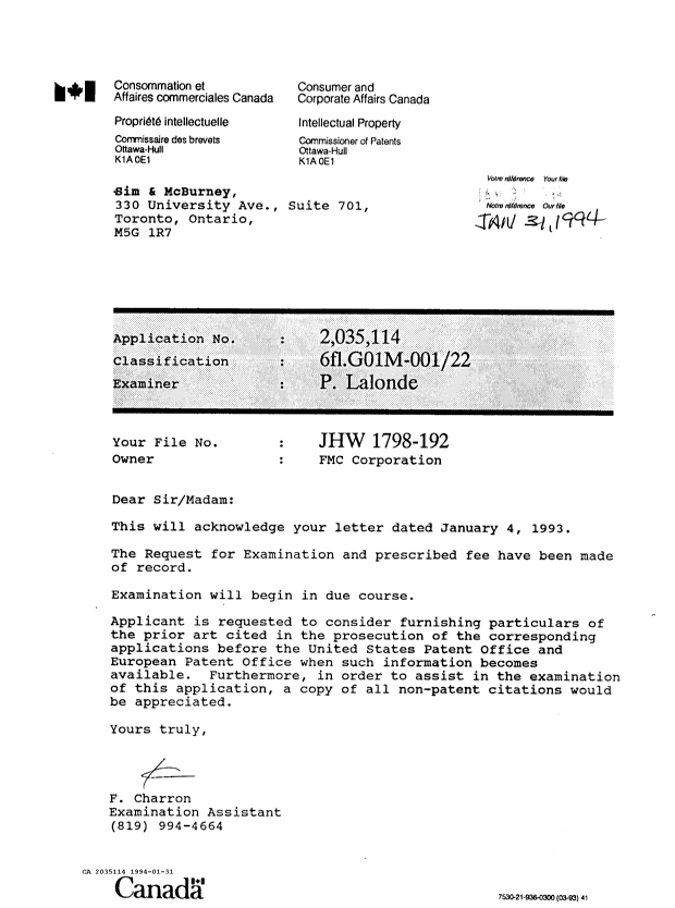 Document de brevet canadien 2035114. Lettre du bureau 19940131. Image 1 de 1