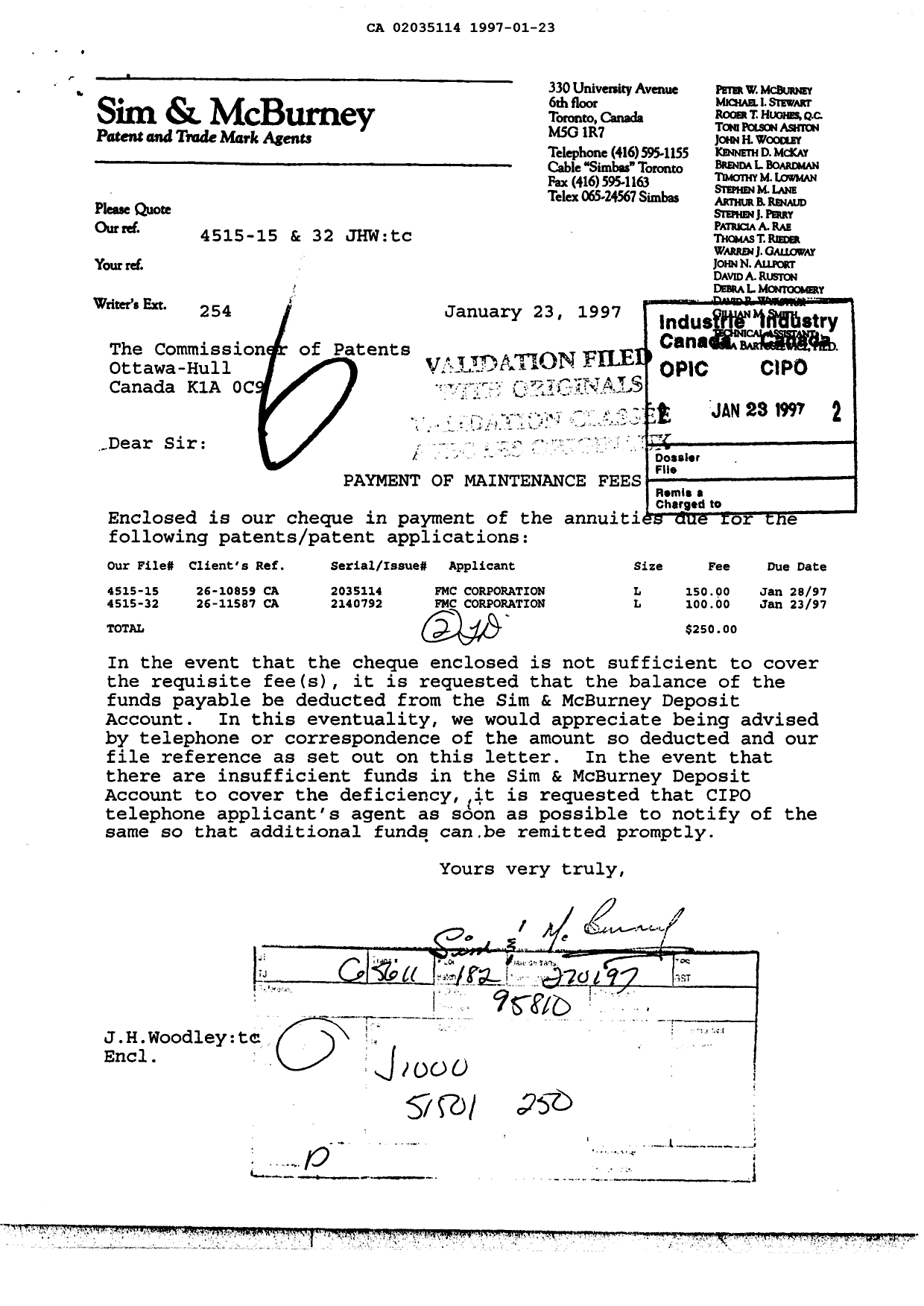 Document de brevet canadien 2035114. Taxes 19970123. Image 1 de 1