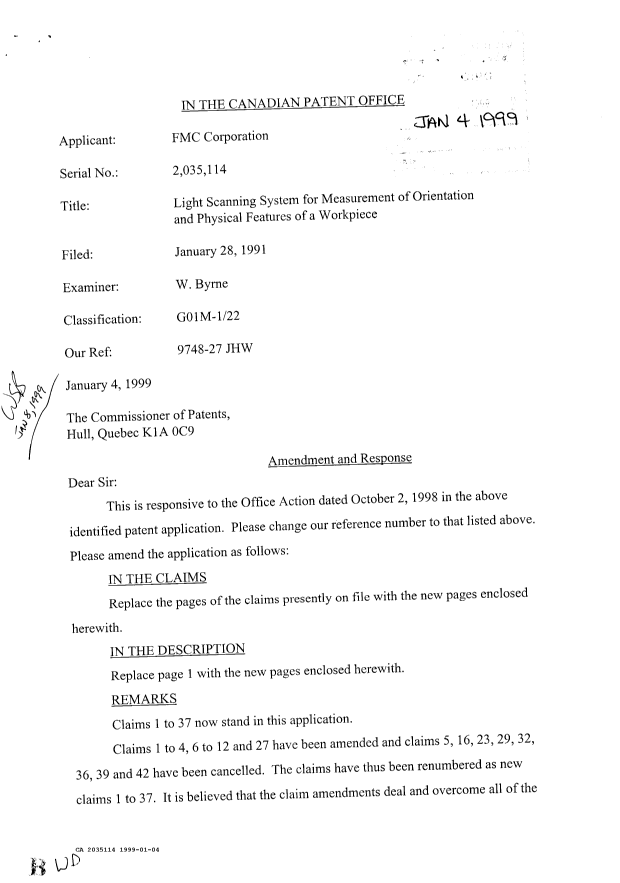 Document de brevet canadien 2035114. Correspondance de la poursuite 19990104. Image 1 de 4
