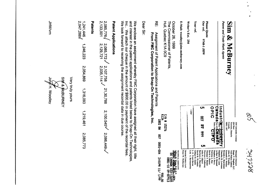 Document de brevet canadien 2035114. Cession 19991026. Image 1 de 4