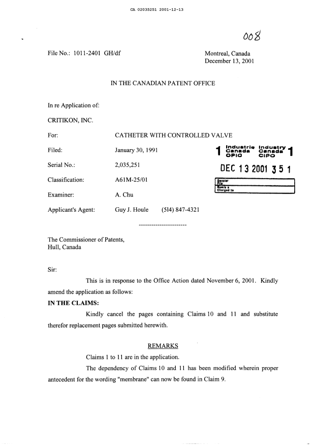 Document de brevet canadien 2035251. Poursuite-Amendment 20001213. Image 1 de 4